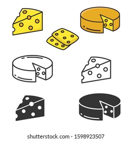 Set of cheese vector illustration isolated on white background. Cheese icons collection with different style; black and white, lineal color, lineal 