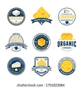 Set of cheese vintage logo templates. Cheese and milk icons for groceries, dairies, packaging and branding. Vector logotype design.