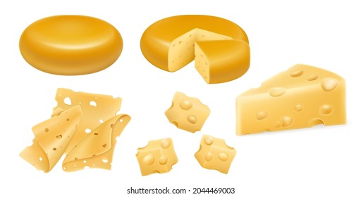 Set of cheese wheels and slices isolated on white background. Food object, realistic 3D vector. Cheese head, cubes and pieces of hard cheese isolated on white background.