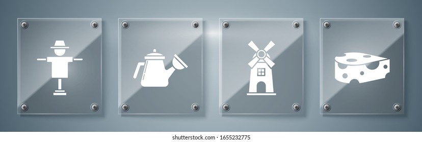 Set Cheese, Windmill, Watering can and Scarecrow. Square glass panels. Vector