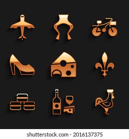 Set Cheese, Wine bottle with cheese, French rooster, Fleur De Lys, Macaron cookie, Woman shoe, Bicycle and Plane icon. Vector