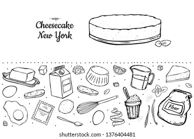 Set cheesecake and ingredients for it black outline on white background