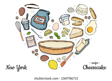 Set cheesecake and ingredients for cooking in the shape of a heart