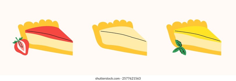 Set of cheesecake slices with different flavors - strawberry, New York, lemon with mint on a light background, drawing, сute simple hand drawn illustration, flat style