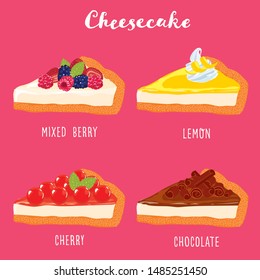 Set of cheesecake slices with different toppings, chocolate, mixed berry, cherry and lemon, sweet dessert set, cheesecake cafe