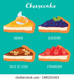 Set of cheesecake slices with different toppings, orange, strawberry, blueberry and dulce de leche, sweet dessert set, cheesecake cafe