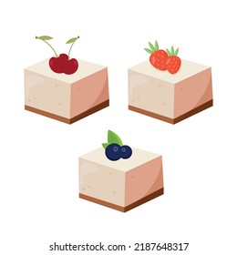 Set of cheesecakes with fruits isolated on white background. Flat vector design illustration