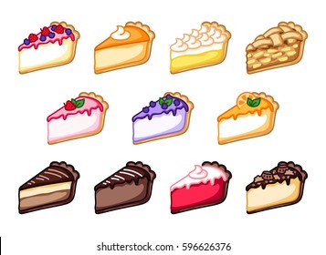 Set of cheesecakes and pies, colorful vector illustration, sweet clipart, pastry clipart.