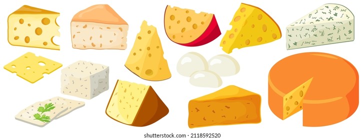 Un conjunto de quesos. Cheddar, mozzarella, maasdam, brie, roquefort, gouda, feta y parmesano. Cortar en triángulos y rodajas de deliciosos quesos. Ilustración vectorial plana al estilo de las caricaturas.