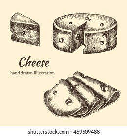 Set cheeses hand drawn. Sketch. Vector illustration