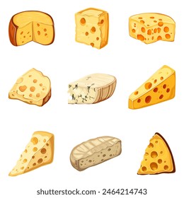 A set of cheeses.Cheddar, mozzarella, maasdam, brie, roquefort, gouda, parmesan.
