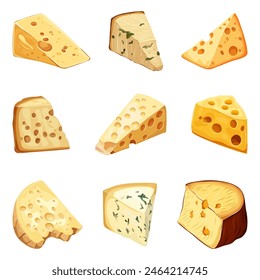 A set of cheeses.Cheddar, mozzarella, maasdam, brie, roquefort, gouda, parmesan.