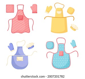 Set of Chef Aprons, Glove and Toques, Cook Uniform. Kitchen Bibs or Pinafore with Front Pocket and Strings. Restaurant, Cafe or Barbecue Party Garment Design, Isolated Cartoon Vector Illustration