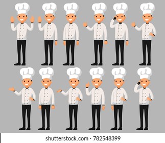 Set of a chef cartoon character in different poses. Vector illustration in a flat style