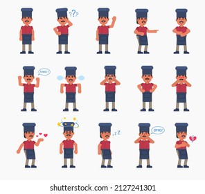 Set of chef cook characters showing various emotions. Chef cook crying, angry, sad, tired, thinking, surprised, shocked and other expressions. Modern vector illustration