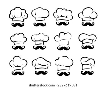 Set of chef and cook hats. Chefs toques, caps and hats. Restaurant logo