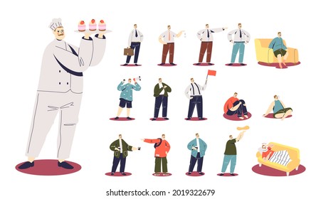 Juego de cocineros con cupcakes, caricatura de personaje masculino en situaciones y poses de estilo de vida: sentado en el suelo llorando, sosteniendo tazas de café de papel, el hombre de negocios sostiene un megáfono. Ilustración vectorial plana