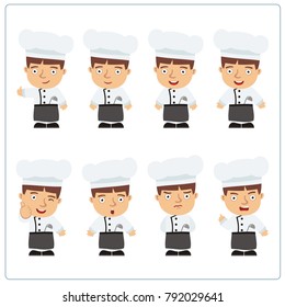 Set of chef cook in various poses and emotions in cartoon style isolated on white background.