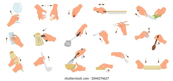 Set Of Chef Or Cooker Hands Showing Different Gestures. Young Caucasian Palm Of Culinary Specialist In Different Positions Holding Food Making Equipment And Tableware. Flat Vector Illustration