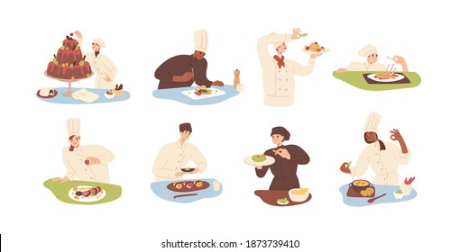 Set of chef cooking food and adding finishing touch to dishes. Collection of cooks decorating salads, meat, soup, sushi and cake. Colorful flat vector illustration isolated on white background