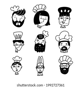 Set of chef cooks cartoon faces handdrawn in doodle style. Male and female characters in in a chef's hat. Simple vector illustration.