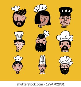 Set of chef cooks cartoon faces in color doodle style. Collection of nine different cooks heads with smiling faces wearing the traditional white toque or hat. Flat vector illustration.