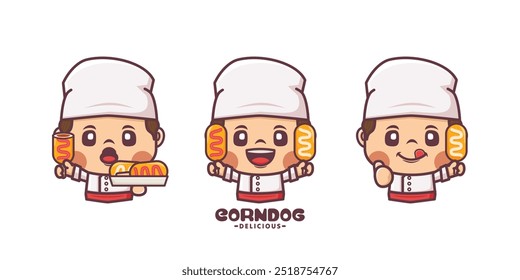 set of chef with corn dog cartoon character design, vector illustration in outline style.