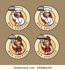 Set of Chef Family in Traditional Cartoon Illustration. Man and Woman Chef in Vector Illustration. Boy and Girl Chef holding pan with letter Bon Apetite. Can be used as brand ;ogo or mascot