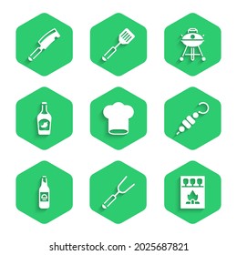 Set Chef hat, Barbecue fork, Matchbox and matches, Grilled shish kebab, Beer bottle, Ketchup, grill and Meat chopper icon. Vector
