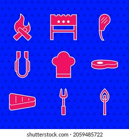 Set Chef hat, Barbecue fork, Burning match with fire, Steak meat, Meat tongs, Rib eye steak and Campfire icon. Vector