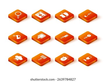 Set Chef hat, Barbecue steel grid, Electric mixer, Cutting board, Kitchen apron, Meat chopper, Wine glass and Spatula icon. Vector