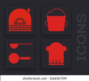 Poner sombrero de chef , estufa de ladrillo , masa de tazón de panadería y icono de cuchara de medida. Vector