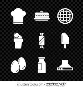 Set Chef hat, Cake, Homemade pie, Easter eggs, Bottle with milk, Kitchen extractor fan, Ice cream and Candy icon. Vector