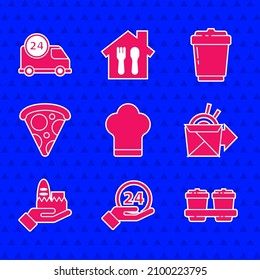 Set Chef hat, Clock 24 hours, Coffee cup to go, Online ordering noodles delivery, and, Slice pizza,  and Fast by car icon. Vector