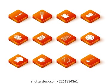 Set Chef hat, Coffee cup, Cooking soup in pot, Grater, Plate, fork and knife, Kitchen ladle and Washing dishes icon. Vector