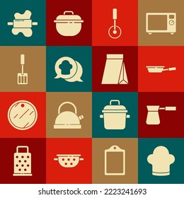 Set Chef Hat, Coffee Turk, Frying Pan, Pizza Knife, Speech Bubble, Spatula, Rolling Pin On Dough And Bag Coffee Beans Icon. Vector