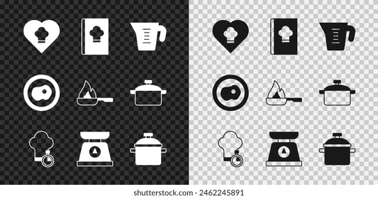 Set Chef hat, Cookbook, Measuring cup, Scales, Cooking pot, Scrambled eggs and Frying pan icon. Vector