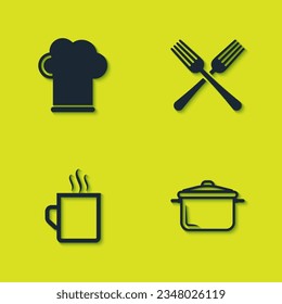 Set Chef hat, Cooking pot, Coffee cup and Crossed fork icon. Vector