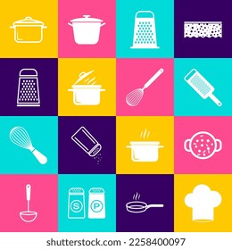 Ponga sombrero de chef, sopa de cocina en olla, hilo de whisky de cocina. Vector