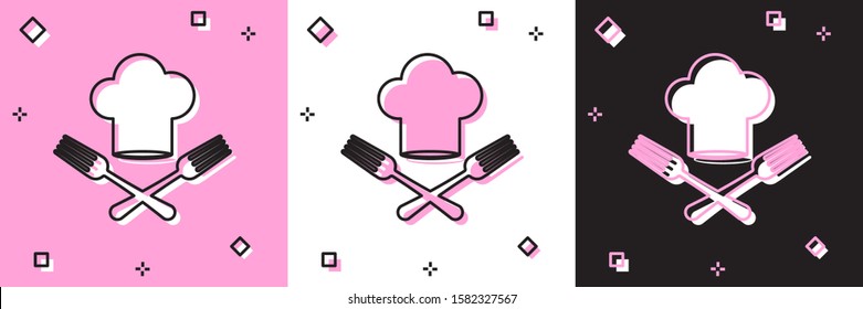 Set Chef hat and crossed fork icon isolated on pink and white, black background. Cooking symbol. Restaurant menu. Cooks hat.  Vector Illustration