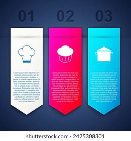 Set Chef hat, Cupcake and Cooking pot. Business infographic template. Vector