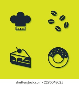 Set Chef hat, Donut, Piece of cake and Coffee beans icon. Vector