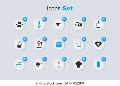 Set Chef hat, Electric kettle, Pizza knife, Asian noodles in bowl, Chicken egg on stand, Rolling pin dough and Slow cooker icon. Vector