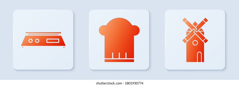 Set Chef hat , Electronic scales  and Windmill . White square button. Vector