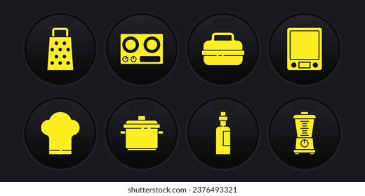 Set Chef hat, Electronic scales, Cooking pot, Bottle of olive oil, Gas stove, Blender and Grater icon. Vector