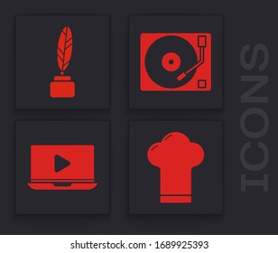 Set Chef hat, Feather and inkwell, reproductor de vinilo con un disco de vinilo y el icono de video de reproducción en línea. Vector