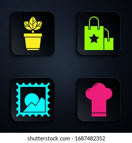 Set Chef hat, Flowers in pot, Picture paisaje y bolsa de compras de papel. Botón cuadrado negro. Vector