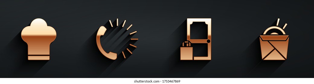 Set Chef hat, Food ordering, Online ordering and delivery and Asian noodles and chopsticks icon with long shadow. Vector