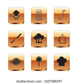 Set Chef hat and fork, Cooking soup in pot, Frying pan, with spoon, Knife, Kitchen ladle,  and Grater icon. Vector