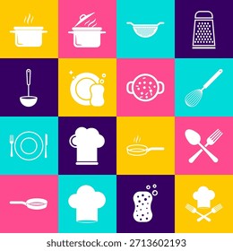 Set Kochmütze und Gabel, gekreuzter Löffel, Küchenwhisk, Colander, Geschirrspüler, Pfanne, Kochtopf und Suppensymbol. Vektorgrafik